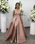 Celebrity Style Long Strapless Satin Prom Evening Dresses