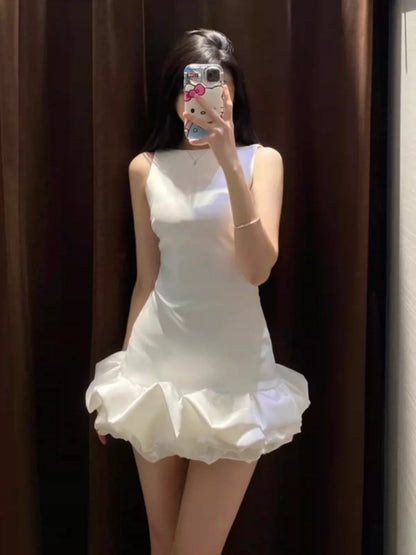 Cute White Sleeveless Satin Floral Skirt Homecoming Dress P3404