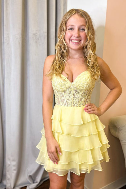 Yellow A-line Strapless Sweetheart Ruffle Tulle Homecoming Dress