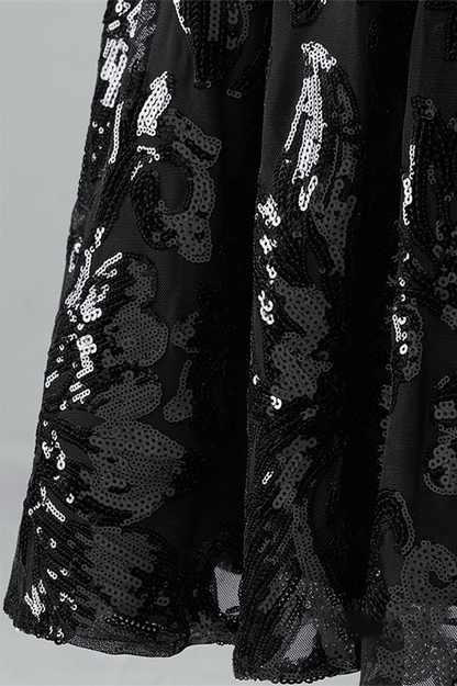 Black A-line V Neck Lace-Up Back Sequins-Embroidered Mini Dress