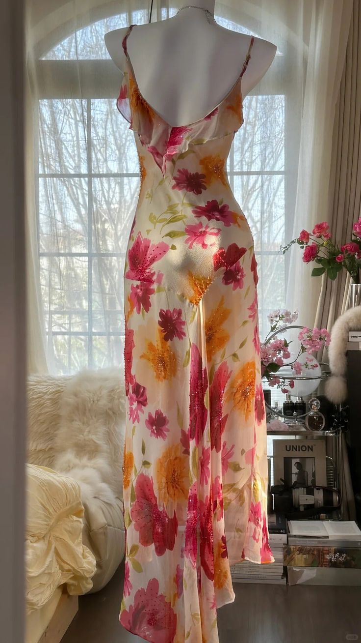 Romantic Ruffled Colorful Floral Printed Mermaid Chiffon Spaghetti Strap Prom Dress TP5686
