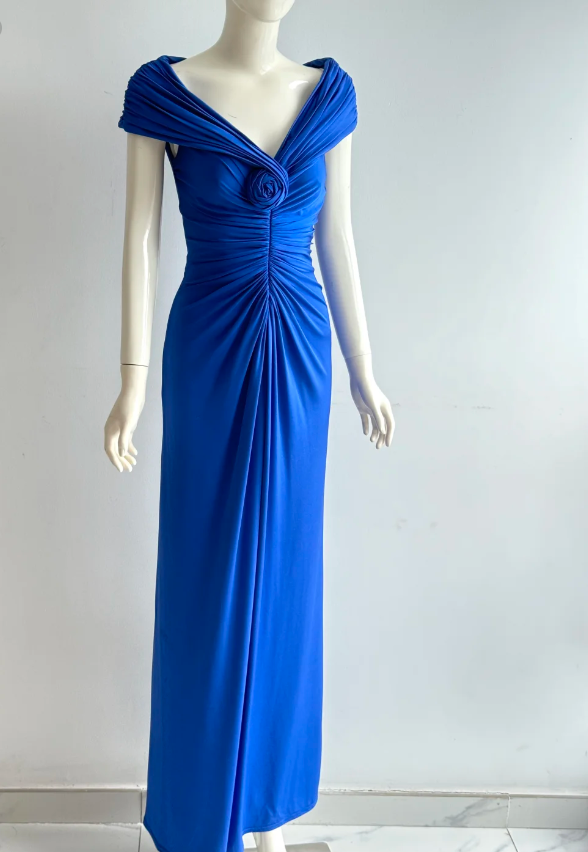 Elegant Royal Blue 3D Rose Ruched Satin Long Prom Dress Evening Dress P4860