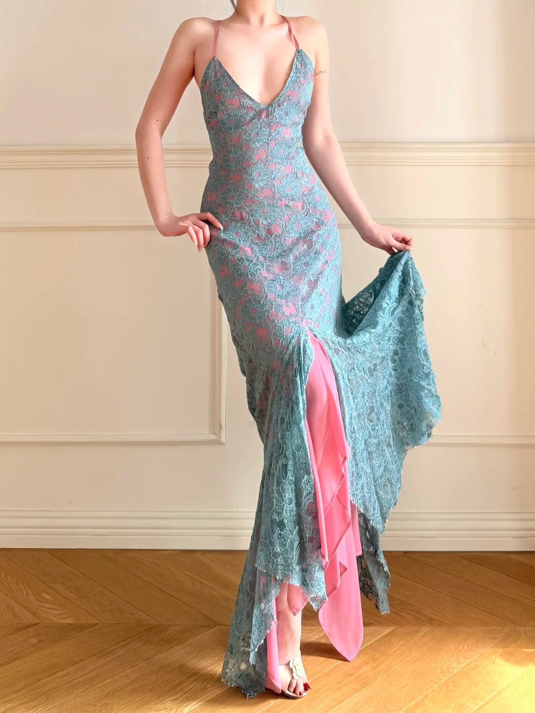 Vintage Blue Pink V-Neck Cross Backless Lace Mermaid Long Prom Dress Evening Dress P4861