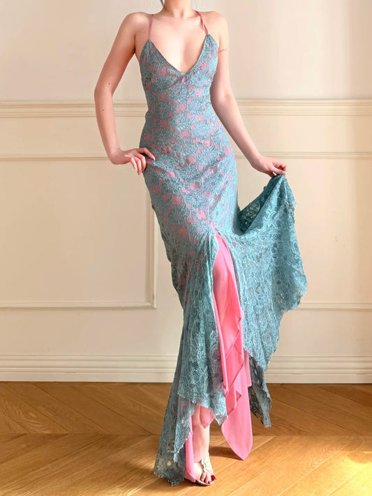 Vintage Blue Pink V-Neck Cross Backless Lace Mermaid Long Prom Dress Evening Dress P4861