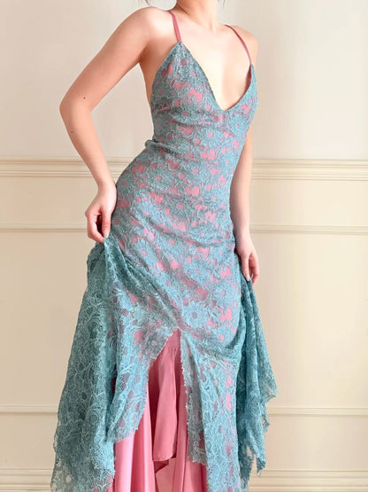 Vintage Blue Pink V-Neck Cross Backless Lace Mermaid Long Prom Dress Evening Dress P4861
