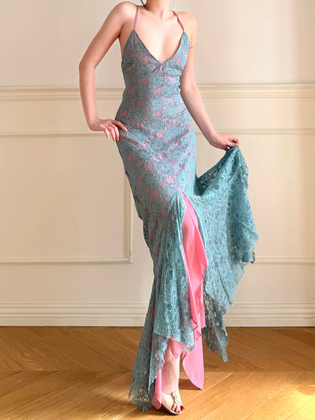 Vintage Blue Pink V-Neck Cross Backless Lace Mermaid Long Prom Dress Evening Dress P4861
