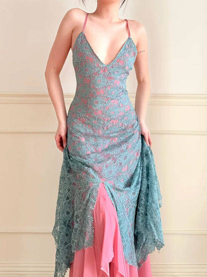 Vintage Blue Pink V-Neck Cross Backless Lace Mermaid Long Prom Dress Evening Dress P4861