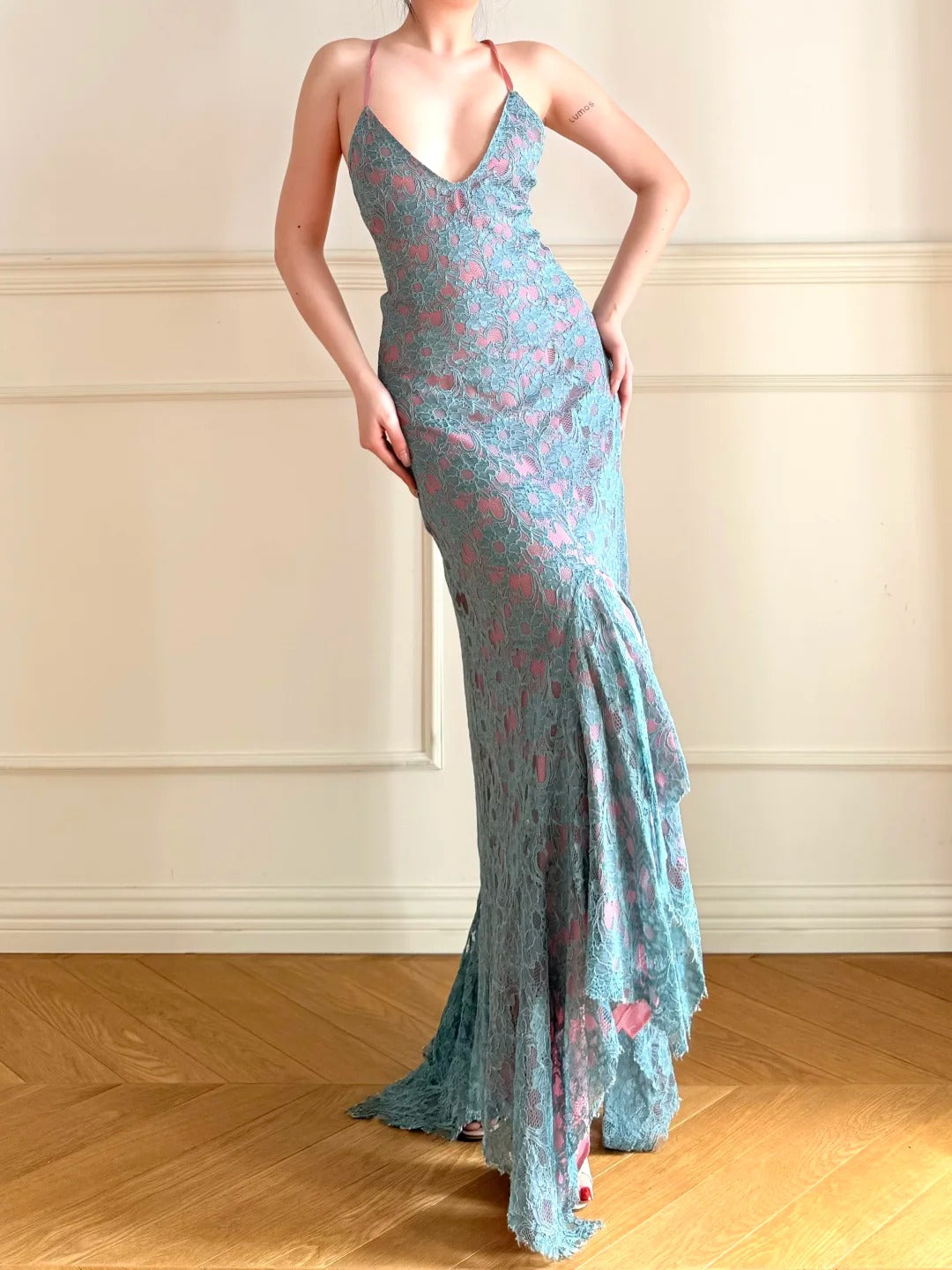 Vintage Blue Pink V-Neck Cross Backless Lace Mermaid Long Prom Dress Evening Dress P4861