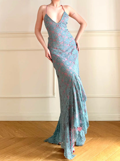 Vintage Blue Pink V-Neck Cross Backless Lace Mermaid Long Prom Dress Evening Dress P4861