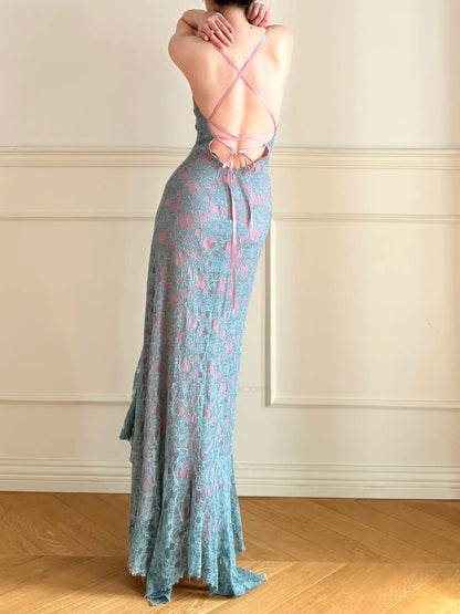 Vintage Blue Pink V-Neck Cross Backless Lace Mermaid Long Prom Dress Evening Dress P4861