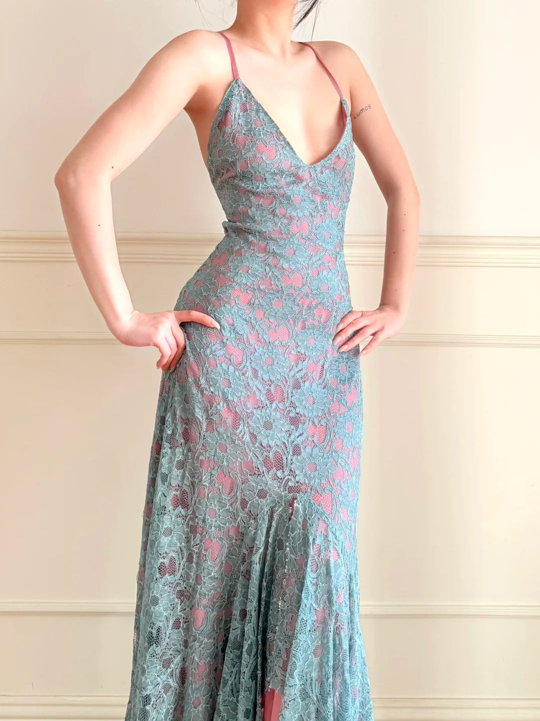 Vintage Blue Pink V-Neck Cross Backless Lace Mermaid Long Prom Dress Evening Dress P4861