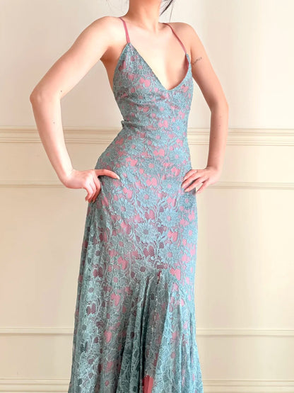 Vintage Blue Pink V-Neck Cross Backless Lace Mermaid Long Prom Dress Evening Dress P4861