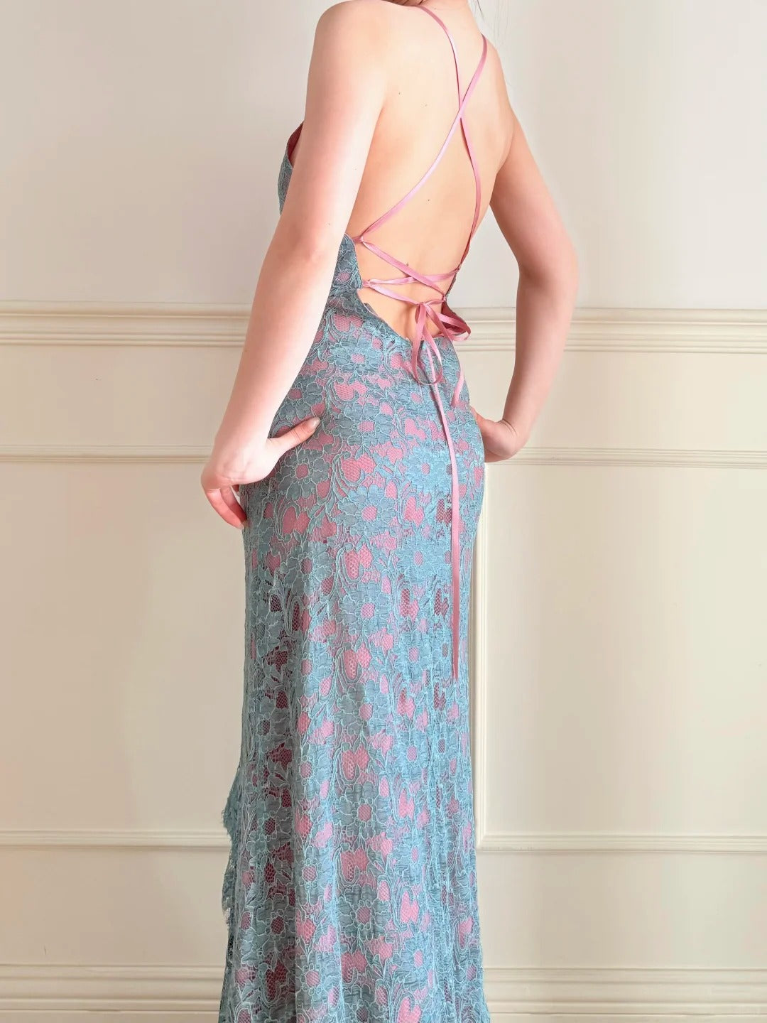 Vintage Blue Pink V-Neck Cross Backless Lace Mermaid Long Prom Dress Evening Dress P4861