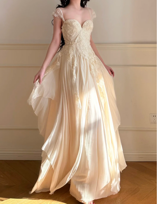 Elegant Off-White A-Line Lace Chiffon Long Prom Dress Evening Dress P4862