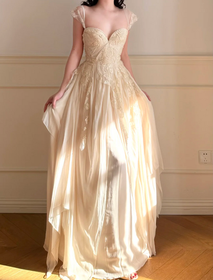Elegant Off-White A-Line Lace Chiffon Long Prom Dress Evening Dress P4862
