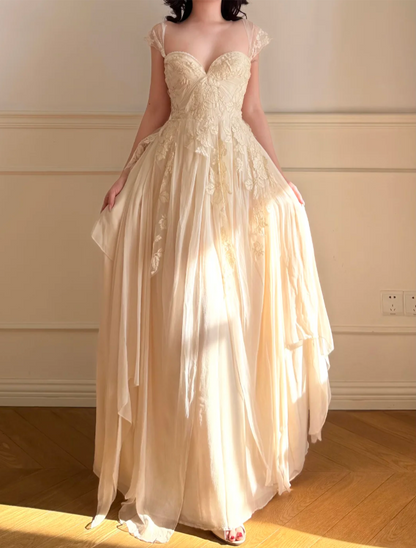 Elegant Off-White A-Line Lace Chiffon Long Prom Dress Evening Dress P4862