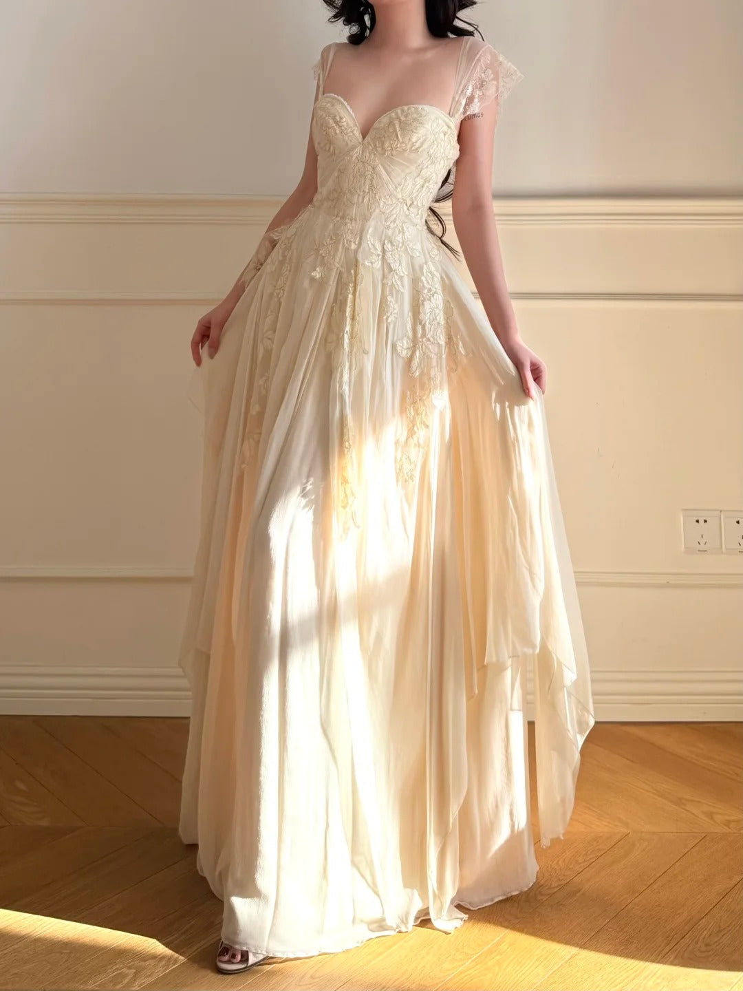 Elegant Off-White A-Line Lace Chiffon Long Prom Dress Evening Dress P4862