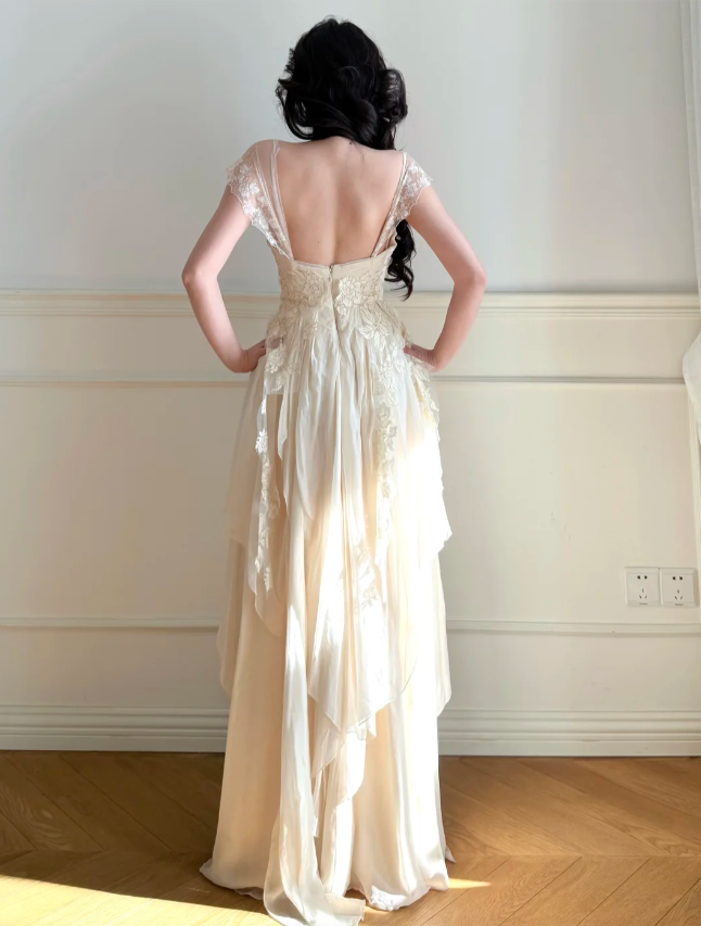 Elegant Off-White A-Line Lace Chiffon Long Prom Dress Evening Dress P4862