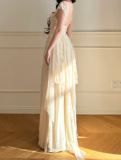 Elegant Off-White A-Line Lace Chiffon Long Prom Dress Evening Dress P4862