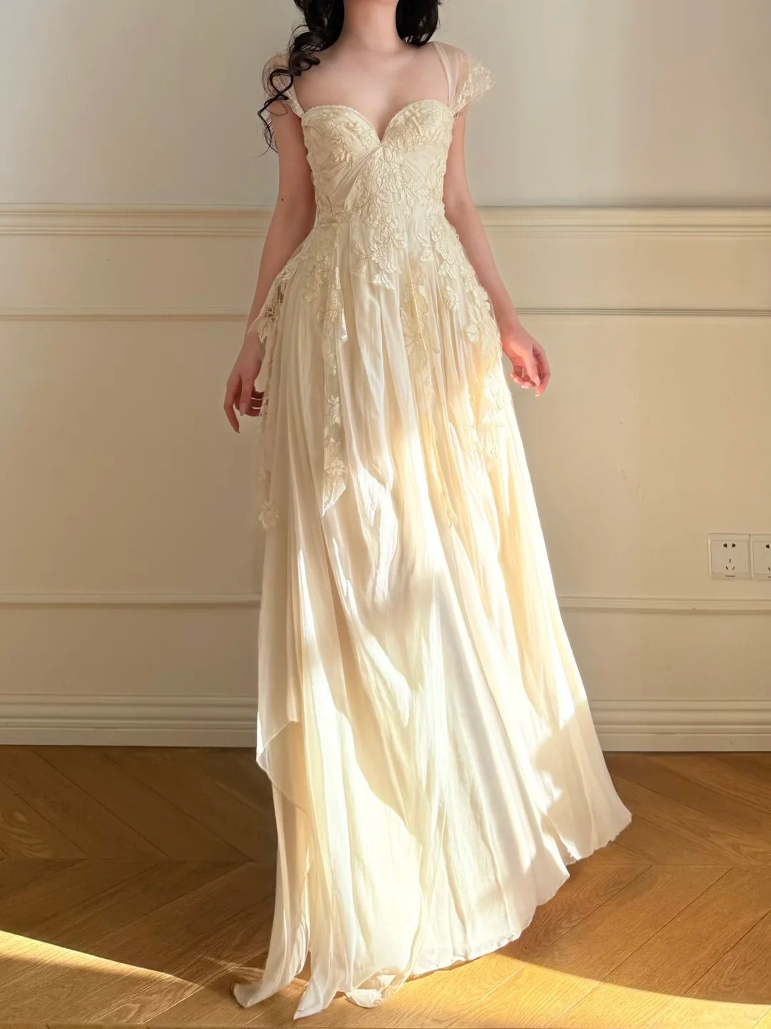 Elegant Off-White A-Line Lace Chiffon Long Prom Dress Evening Dress P4862