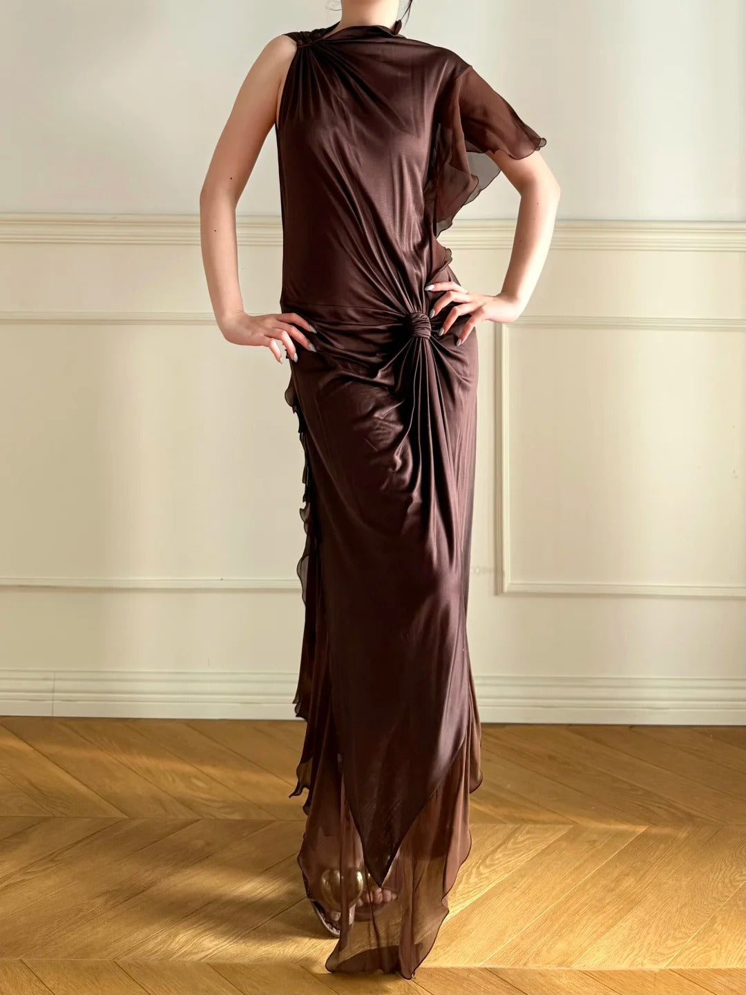 Elegant Dark Coffee One Shoulder Knot Ruched Chiffon Long Prom Dress Evening Dress P4863