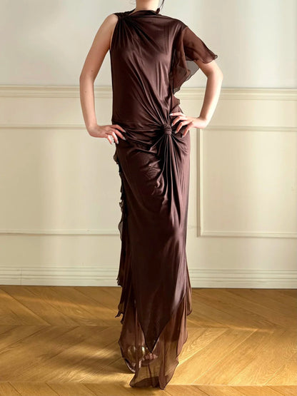 Elegant Dark Coffee One Shoulder Knot Ruched Chiffon Long Prom Dress Evening Dress P4863