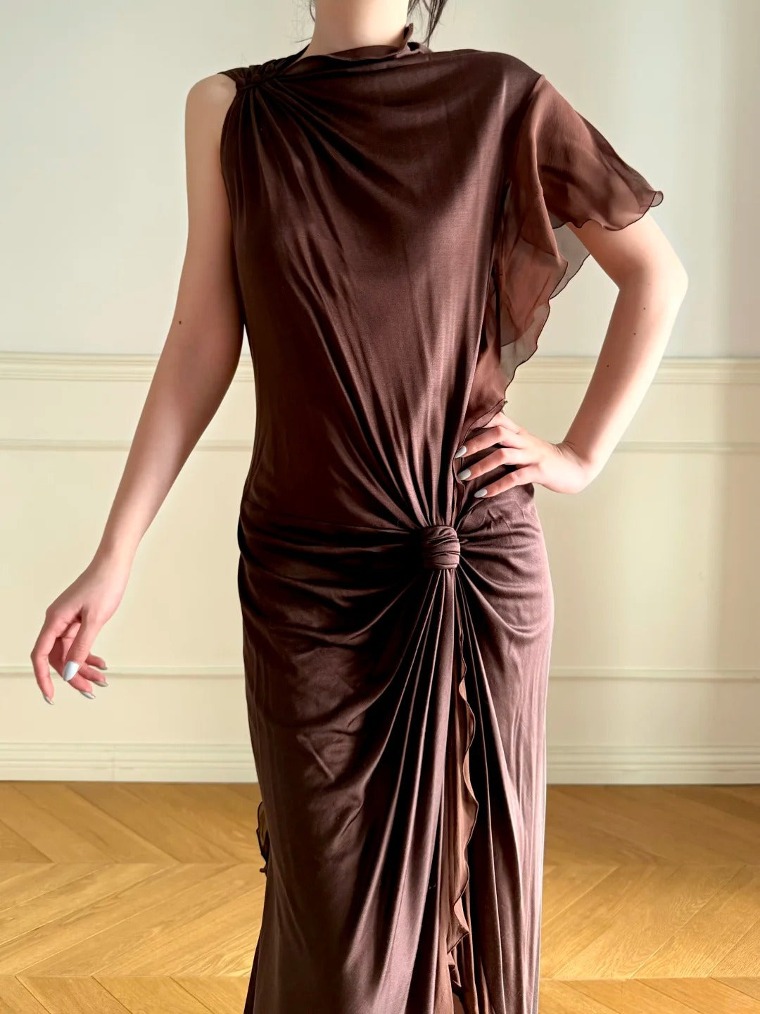 Elegant Dark Coffee One Shoulder Knot Ruched Chiffon Long Prom Dress Evening Dress P4863