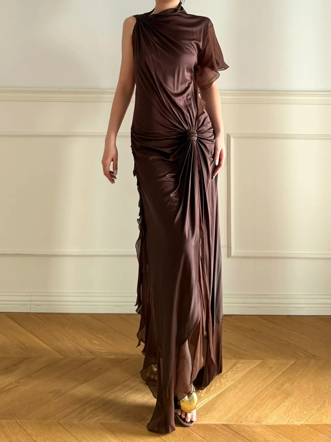 Elegant Dark Coffee One Shoulder Knot Ruched Chiffon Long Prom Dress Evening Dress P4863