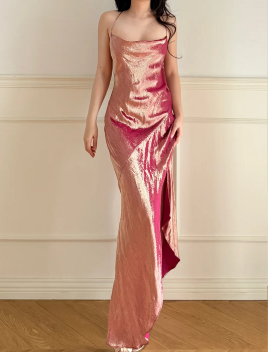 Stunning Pink Cowl Neck Slit Backless Lace-up Satin Long Prom Dress Evening Dress P4864
