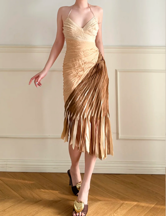 Vintage Gradient Halter V-Neck Diagonal Cut Tassel Pleated Satin Prom Dress Evening Dress P4865