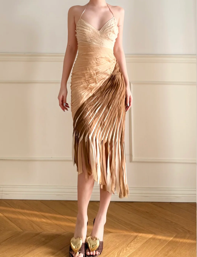 Vintage Gradient Halter V-Neck Diagonal Cut Tassel Pleated Satin Prom Dress Evening Dress P4865