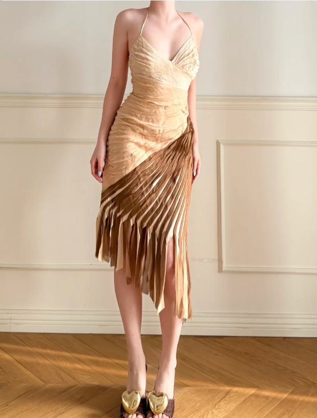 Vintage Gradient Halter V-Neck Diagonal Cut Tassel Pleated Satin Prom Dress Evening Dress P4865