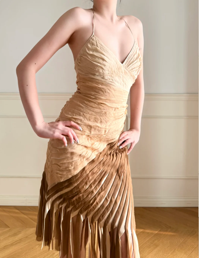 Vintage Gradient Halter V-Neck Diagonal Cut Tassel Pleated Satin Prom Dress Evening Dress P4865