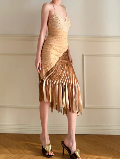 Vintage Gradient Halter V-Neck Diagonal Cut Tassel Pleated Satin Prom Dress Evening Dress P4865