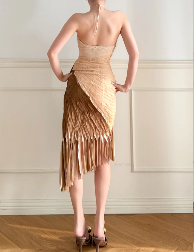 Vintage Gradient Halter V-Neck Diagonal Cut Tassel Pleated Satin Prom Dress Evening Dress P4865