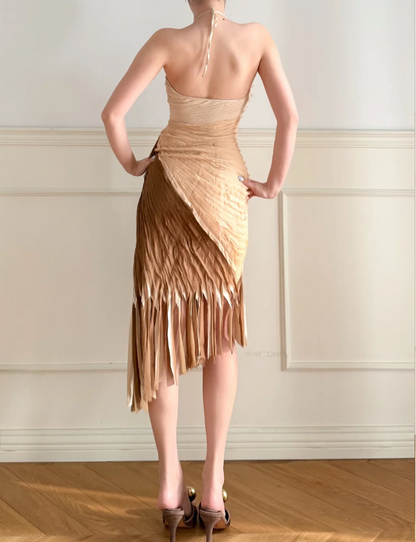 Vintage Gradient Halter V-Neck Diagonal Cut Tassel Pleated Satin Prom Dress Evening Dress P4865