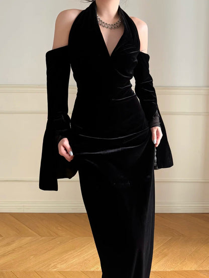 Vintage Elegant Black Halter Mermaid Velvet Long Prom Dress Evening Dress P4866
