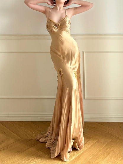 Elegant Champagne Gold Spaghetti Strap Cross Backless Pleated Mermaid Satin Long Prom Dress Evening Dress P4867