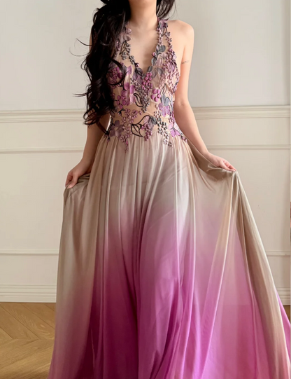 Dreamy Gradient Purple Halter 3D Floral Embroidery Backless Tulle Long Prom Dress Evening Dress P4868