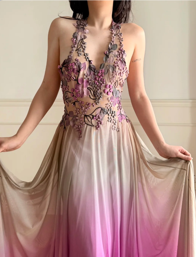 Dreamy Gradient Purple Halter 3D Floral Embroidery Backless Tulle Long Prom Dress Evening Dress P4868