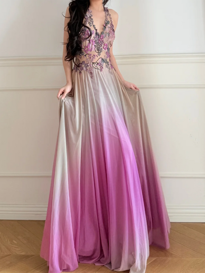 Dreamy Gradient Purple Halter 3D Floral Embroidery Backless Tulle Long Prom Dress Evening Dress P4868