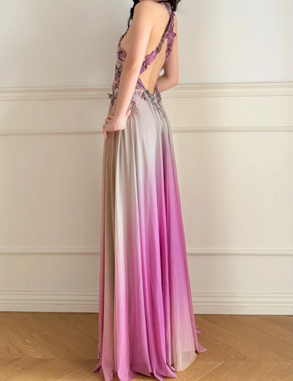 Dreamy Gradient Purple Halter 3D Floral Embroidery Backless Tulle Long Prom Dress Evening Dress P4868