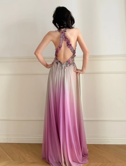 Dreamy Gradient Purple Halter 3D Floral Embroidery Backless Tulle Long Prom Dress Evening Dress P4868