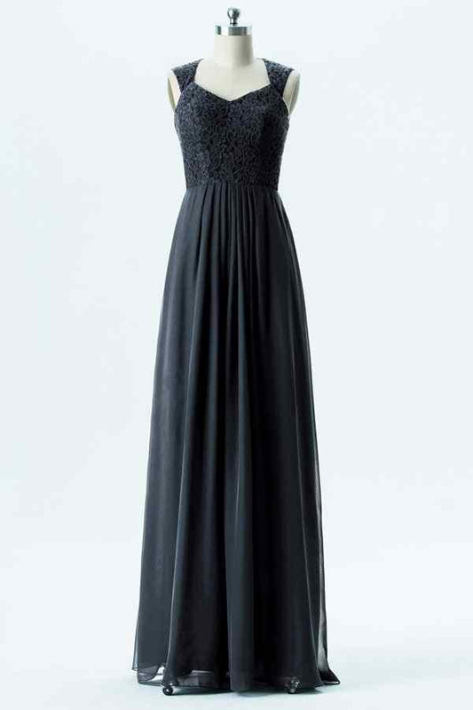 Grey Sweetheart Scoop Back Lace Chiffon Long Bridesmaid Dress with Buttons