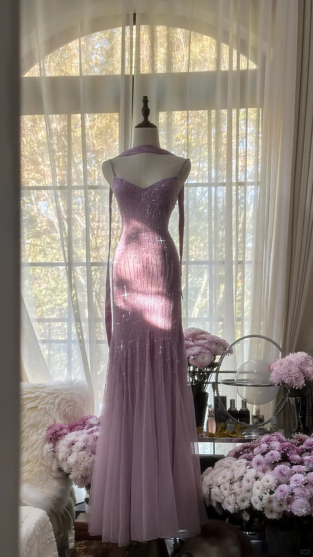 Retro Pink Sparkling Beaded Mermaid Chiffon Ball Gown Evening Dress Prom Dress TP3971