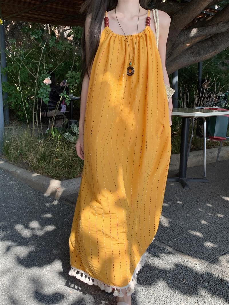 Simple Fashion Yellow Loose-fitting Design Beach Holiday A-line Long Spaghetti Strap Dress TP3336