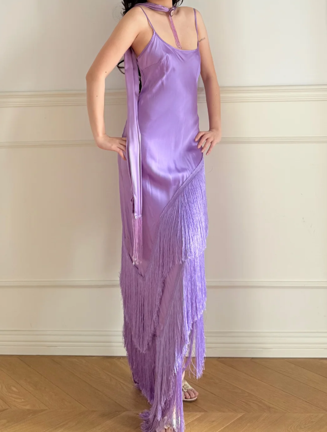 Gorgeous Purple Spaghetti Strap Multi-Layer Tassel Satin Long Prom Dress Evening Dress P4871