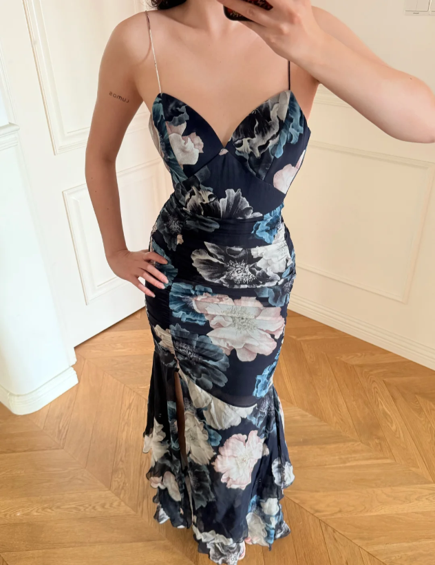 Vintage Navy Blue Print Spaghetti Strap Side Slit Mermaid Chiffon Long Prom Dress Evening Dress P4875