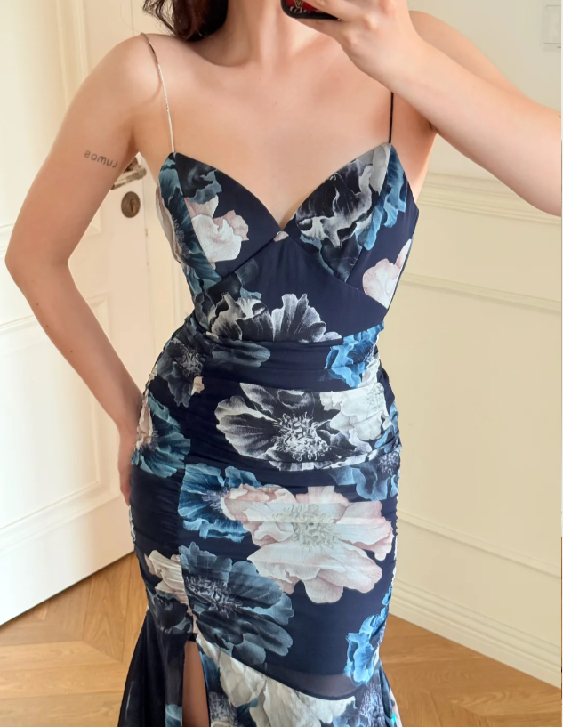 Vintage Navy Blue Print Spaghetti Strap Side Slit Mermaid Chiffon Long Prom Dress Evening Dress P4875