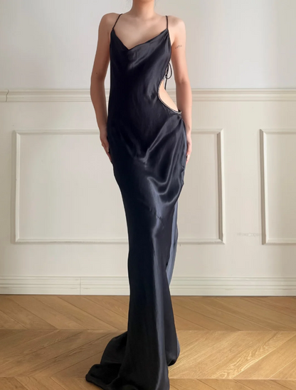Simple Black Spaghetti Strap Cowl Neck Backless Lace-up Satin Train Prom Dress Evening Dress P4876